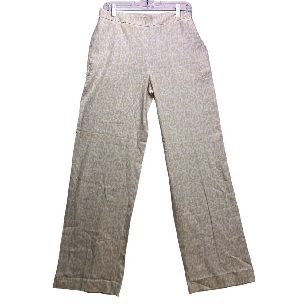 Anne Klein Pants Women Small Beige Linen Blend Animal Print Wide Leg